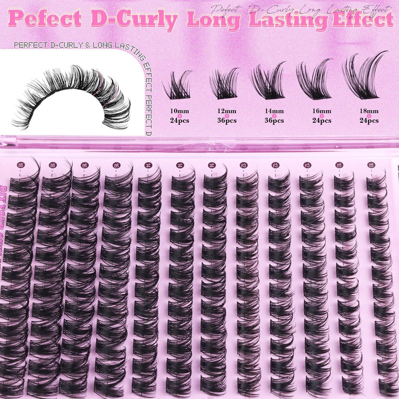 ALICE Lash Clusters Eyelash Clusters Wispy Cluster Eyelash Extensions Russian Volume Individual Lashes Natural Thin Band Lash Extensions DIY at Home (144pcs/10-18mm/D- Curly)