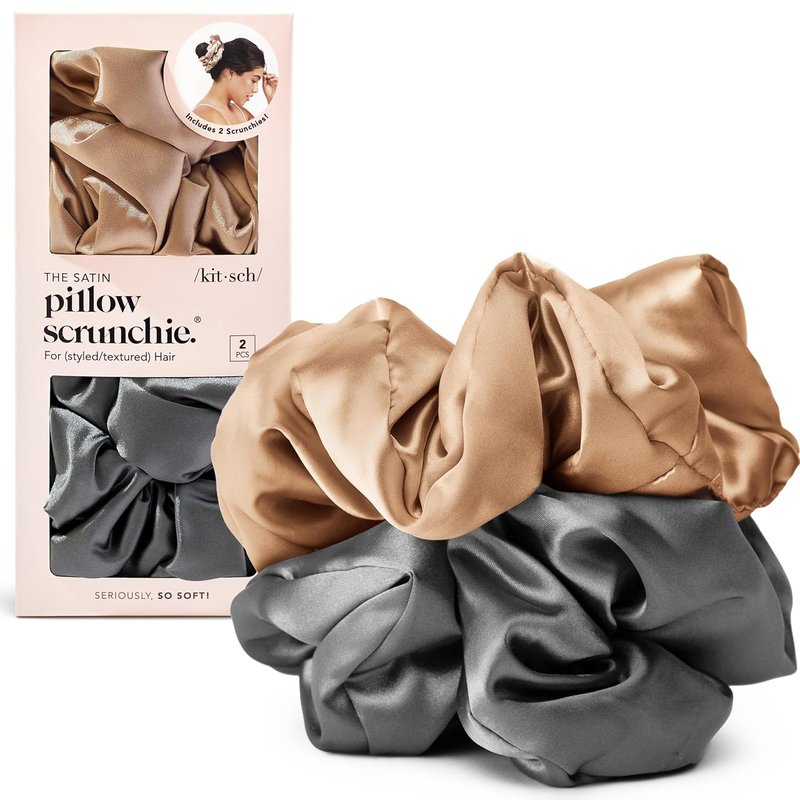 Satin Scrunchies for Women - No Crease, Frizz Control | Softer Than Silk Hair Accessories - Charcoal & Gold, 2pcs