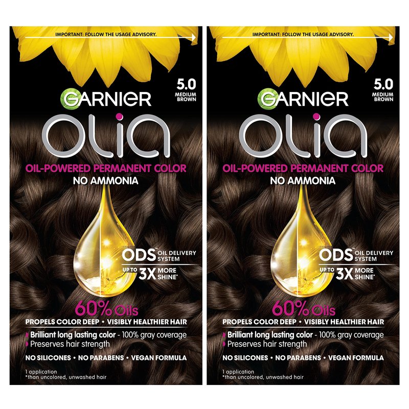 Garnier Olia Hair Color, Ammonia-Free Permanent Hair Dye, Oil-Powered Formula for 100% Gray Coverage and 3x Shinier Hair, Vegan & Cruelty Free, 5.0 Medium Brown, 2 Count