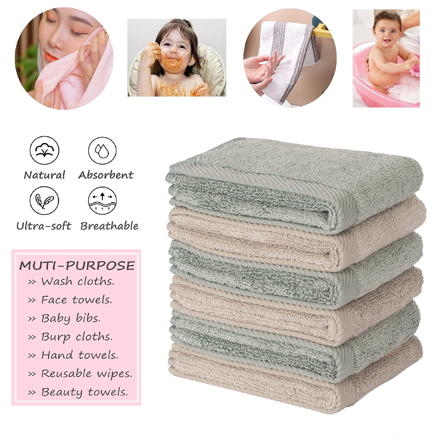 Mother-Earth 6-Pack Bath Washcloths 12"x12" - Soft and Absorbent Face Towels, Quick-Drying Wash Cloths for Sensitive Skin, Premium Quality for Daily Use (Olive-brow)