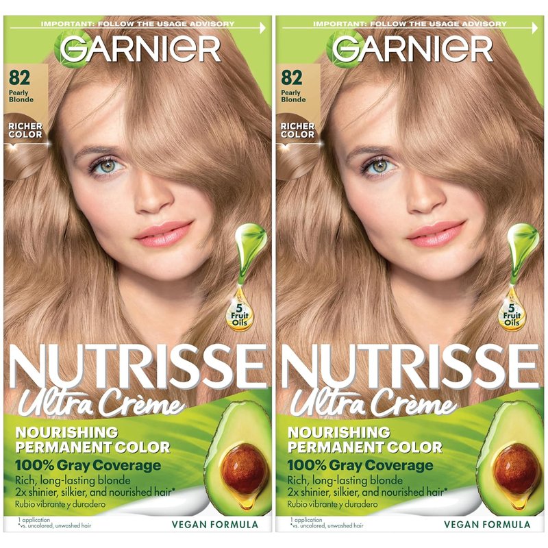 Garnier Nutrisse Ultra Crème Hair Color - Permanent Vegan Hair Dye for 100% Gray Coverage | 82 Pearly Blonde (Biscotti), 2 Count