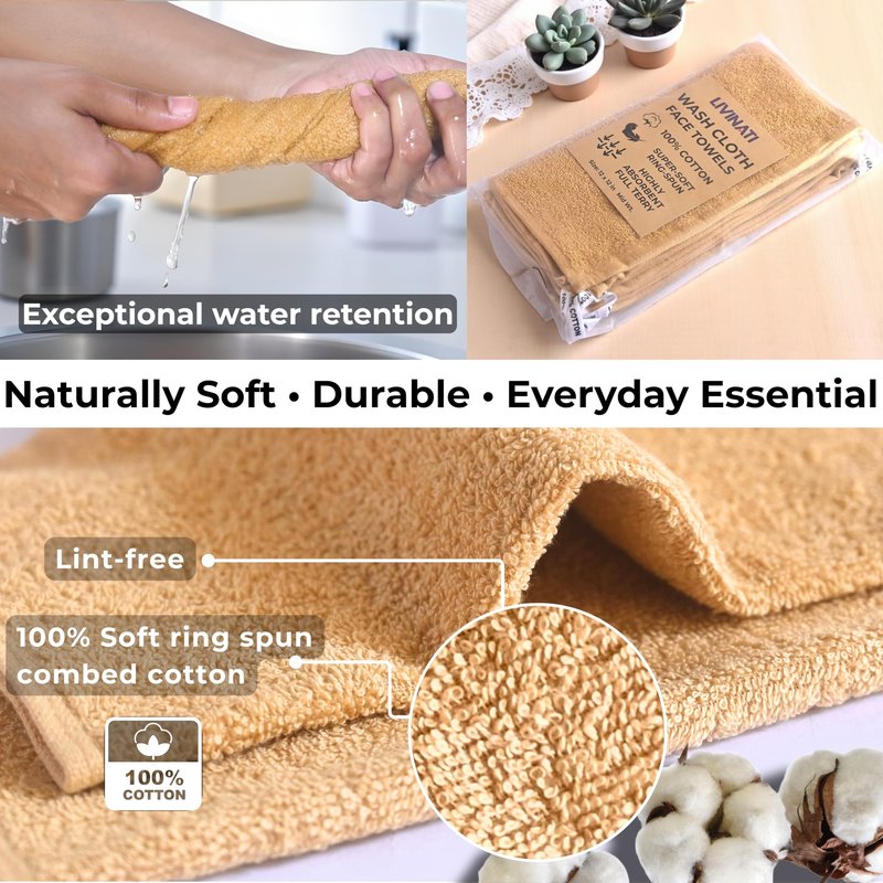 LIVINATI Beige 100% Cotton Wash Cloths for Showering Body and Face - 12"X12" 6 Pack Washcloths - Small Terry Towel Bath Rags for Adults and Kids Bathroom - Soft Absorbent