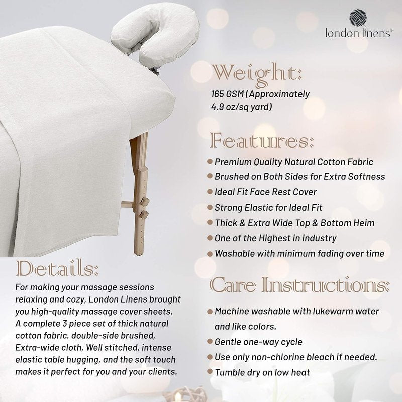 London Linens Extra Thick Massage Table Sheets Set - 100% Natural Cotton Flannel | White 3-Piece Set