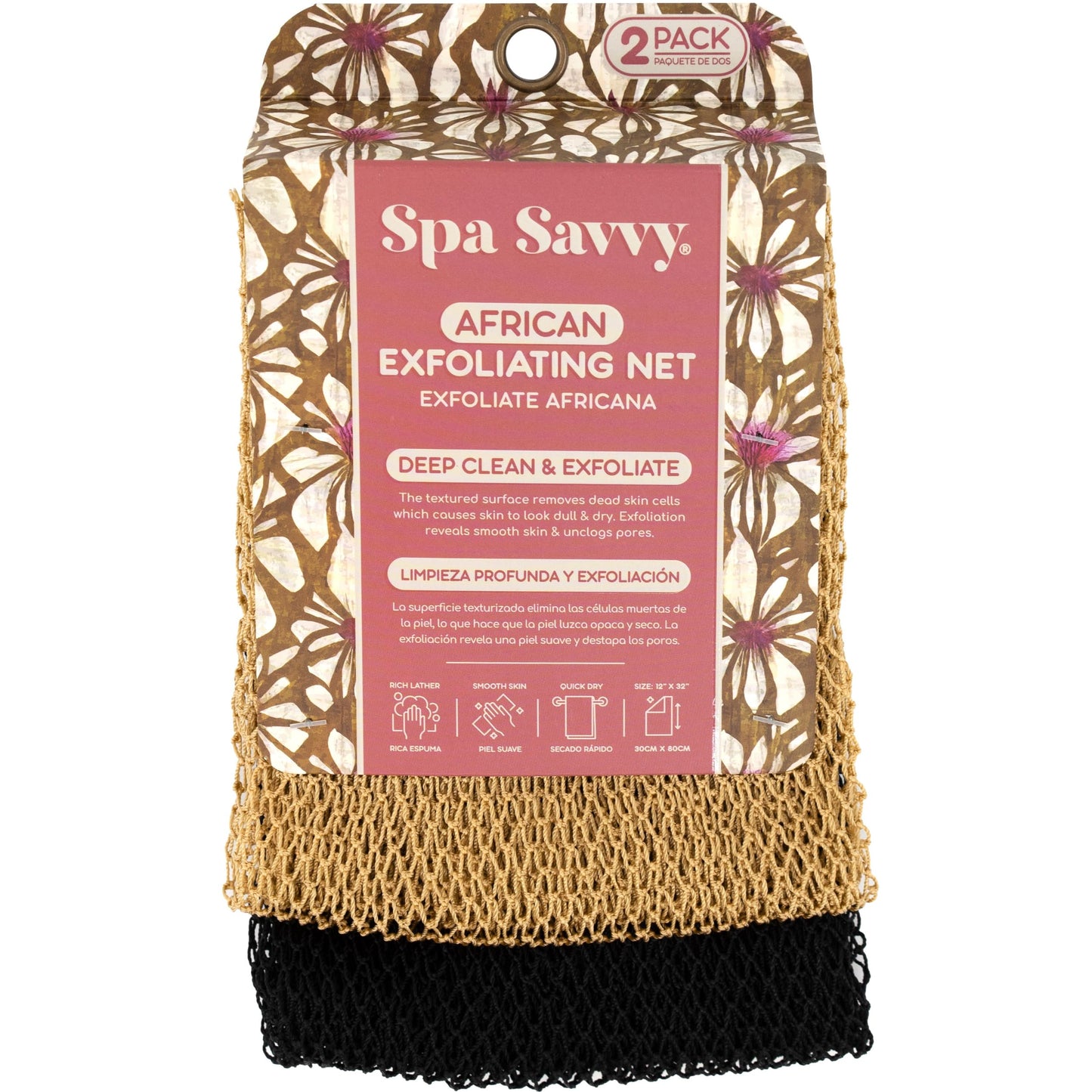 Spa Savvy African Net Sponge, 2 Pack Exfoliating Body Scrubber for Deep Cleansing and Smooth Skin, 12 x 32 Inch, Gold and Black