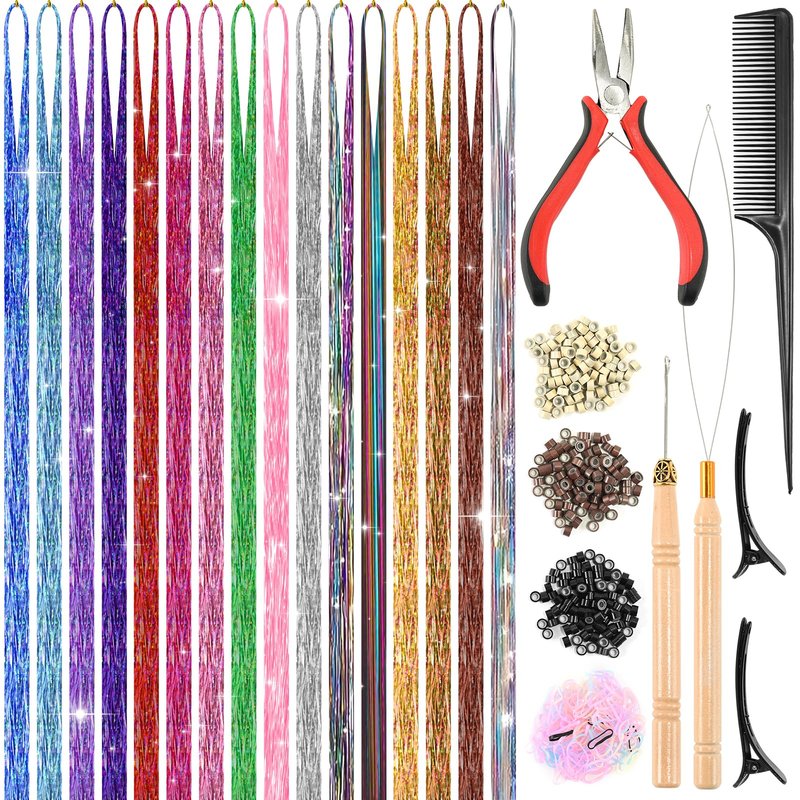 Leuceiy 16 Colors Hair Tinsel Kit, 36 Inch Hair Extensions With Tool, 4800 Strands Sparkling Dazzle Glitter Shiny Fairy Hair Heat Resistant for Girls Women Christmas New Year Festival Party