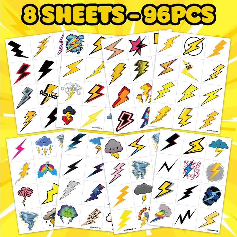 96PCS Lightning Bolt Temporary Tattoos for Kids, Pre-Cut Funny Weather Tattoo Stickers, Tornado Storm Theme Birthday Party Favors, Goodie Bag Stuffers, Cute Waterproof Body Art for Boys Girls