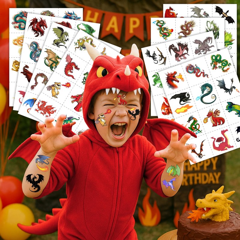 96PCS Dragon Pre-cut Temporary Tattoos Birthday Party Supplies Favors Decorations Knight Dragon Super Cute Fake Tattoos Stickers for Kids Boys Girls School Classroom Rewards Gifts Ideal Halloween