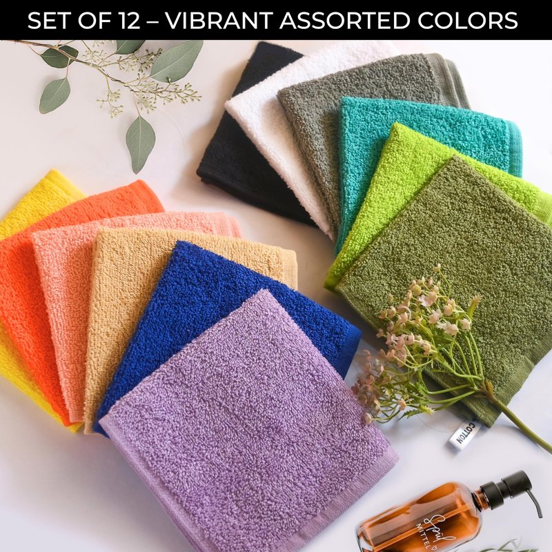 LIVINATI 100% Cotton Wash Cloths for Showering Body and Face - 12"X12" Set of 12 Washcloths Variety Colors Pack - Small Terry Towel Bath Rags for Adults and Kids Bathroom - Soft Absorbent