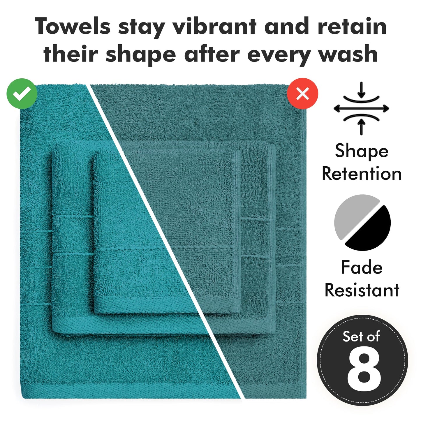Novo Home Bath Towels Set of 8 – 100% Cotton (Teal) Bathroom Towel Set Bale Includes 2 Bath, 2 Hand, 4 Face Towels – Soft, Absorbent & Quick Dry Towel for Bathroom, Spa, Kitchen, Hotel Use