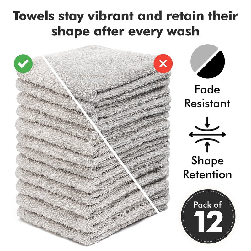 Novo Home Face Towels Pack of 12 – 100% Cotton Wash Cloths (12x12 inch) – Soft, Quick Dry & Highly Absorbent Hand Towels for Bathroom, Spa, Gym, Kitchen and for Daily Use - (Light Grey)