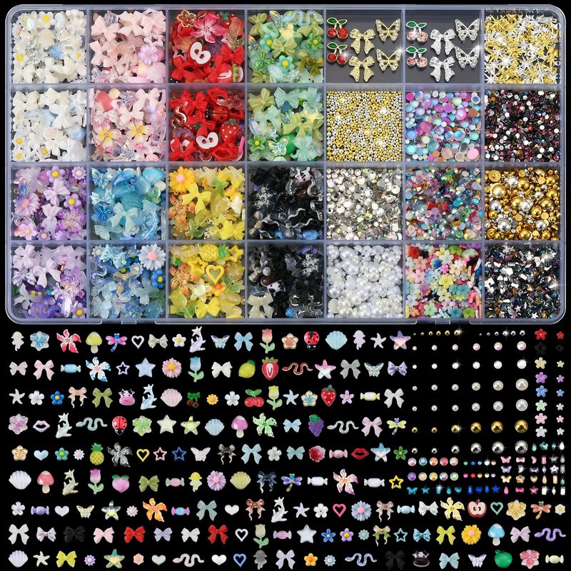 OPMADM 9000 Pcs 3D Nail Charms and Gems Bulk Y2k Cute Charms for Nails Design Kit 110 Styles Colorful Rhinestones Bows Butterfly Flower Star Beads Pearls Bubble