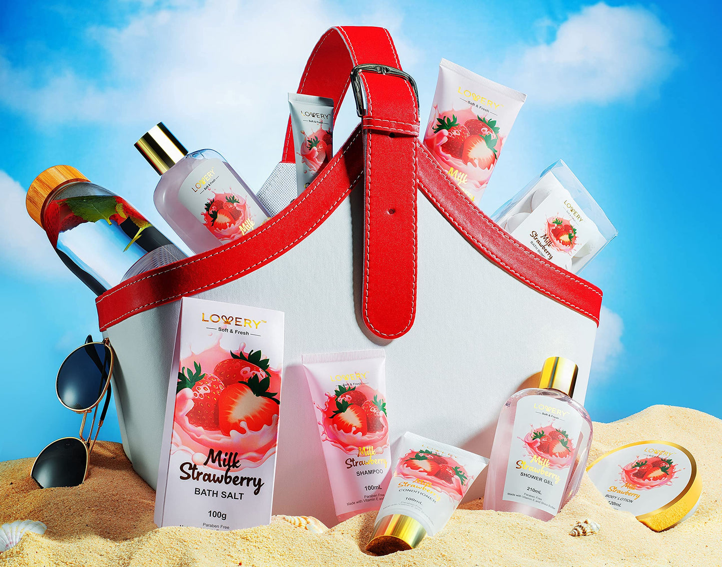 Home Spa Kit Birthday Gift Set – Strawberry Milk Bath Set, 25Pcs Shower Gel, Body Lotion, Shower Steamers, Shampoo, Tooth Paste & Brush in a Leather Tote Bag, Luxury Bath & Shower Package for Women