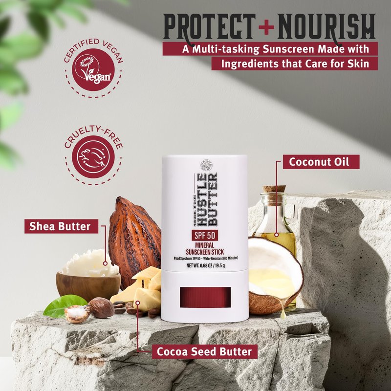 Hustle Butter Tattoo Aftercare Sunscreen Stick - Tattoo Sunscreen Stick, Fade Protection SPF 50, Hydrating with Shea Butter & Coconut Oil, TSA-Friendly, Water Resistant, Non-Greasy, 0.68 oz