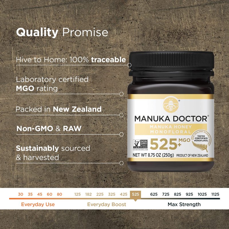 Manuka Doctor - MGO 525+ Manuka Honey Monofloral, 100% Pure New Zealand Honey. Certified. Guaranteed. Raw. Non-GMO (8.75 oz)