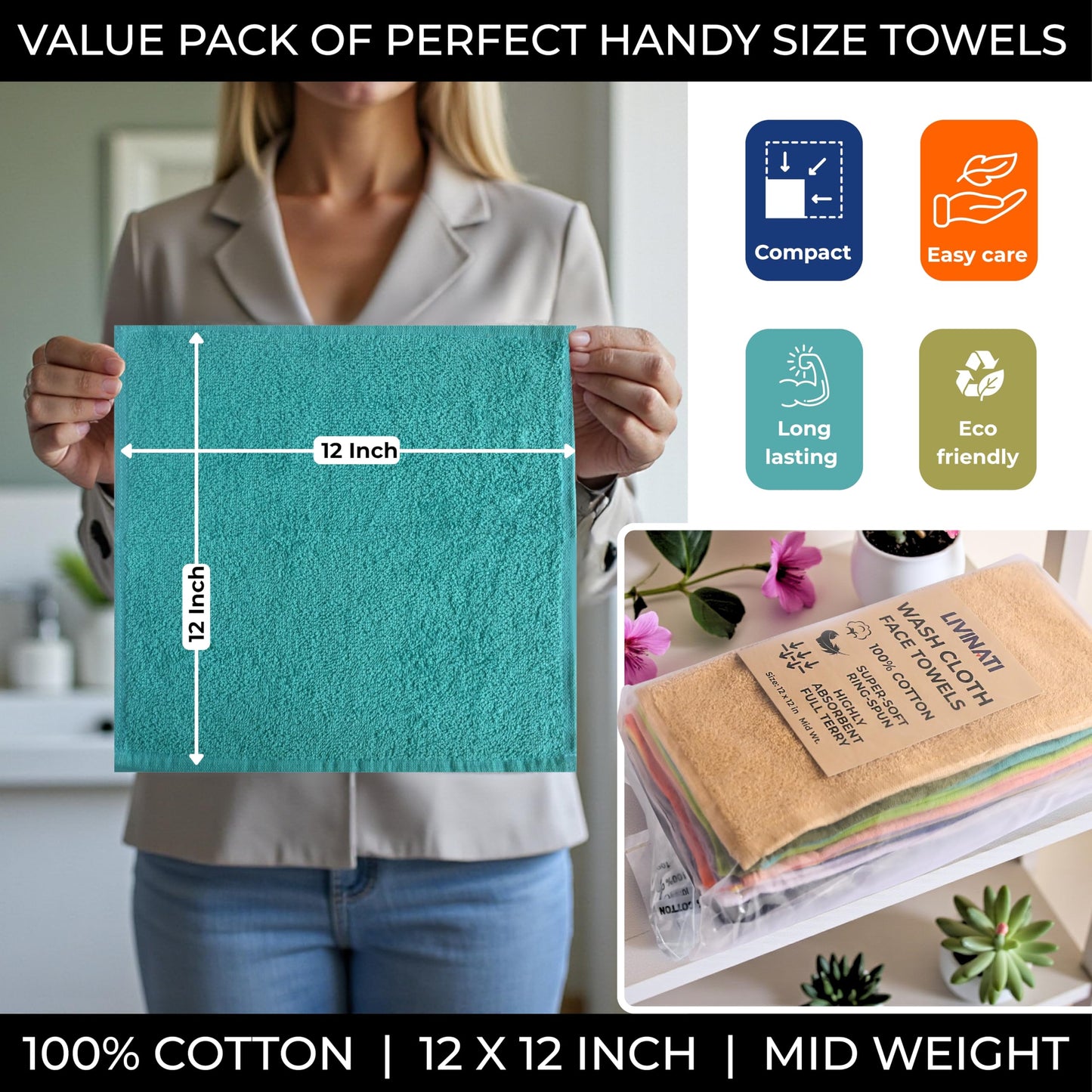 LIVINATI 100% Cotton Wash Cloths for Showering Body and Face - 12"X12" Set of 12 Washcloths Variety Colors Pack - Small Terry Towel Bath Rags for Adults and Kids Bathroom - Soft Absorbent