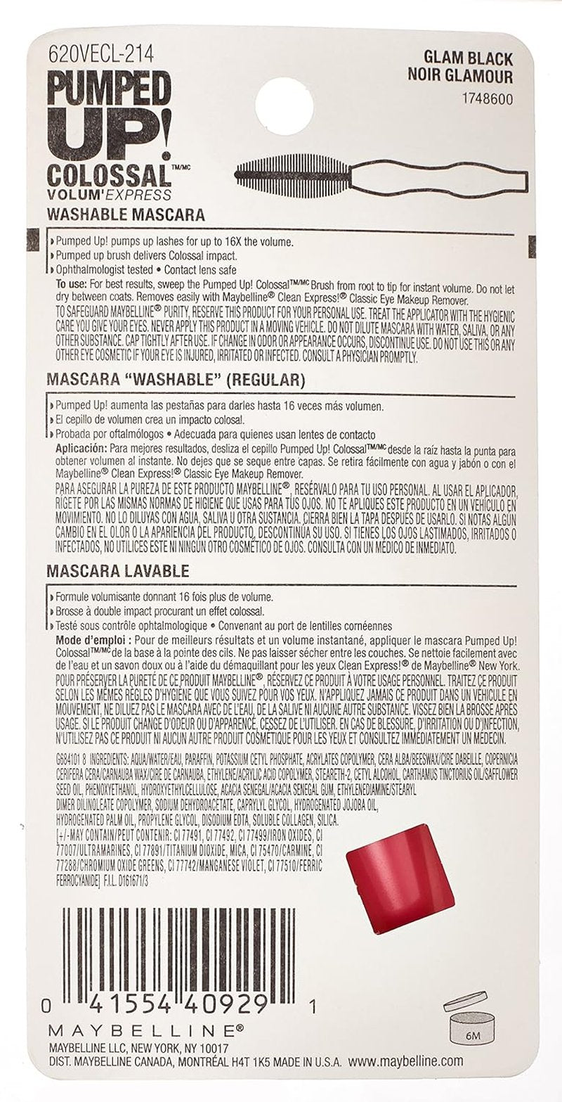 Maybelline Volum' Express Colossal Mascara - Washable, Collagen-Infused for 16x Volume | Glam Black, 1 Count