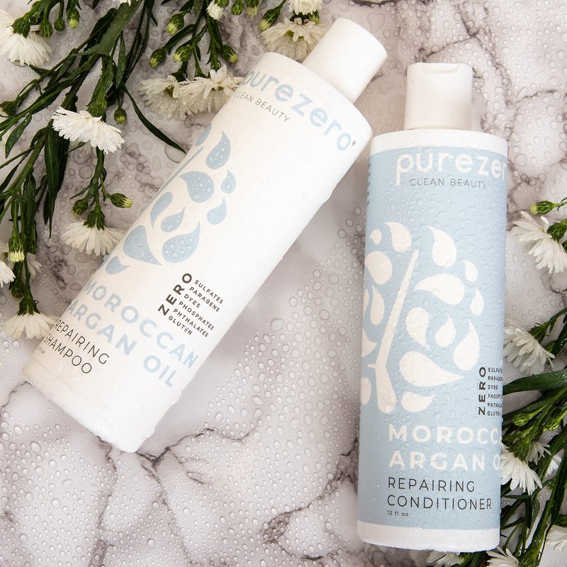 Purezero Moroccan Argan Oil Shampoo & Conditioner set - Repair Damaged Hair - Fight Dandruff & Frizz - Zero Sulfates, Parabens, Dyes, Gluten - 100% Vegan & Cruelty Free - Great For Color Treated Hair