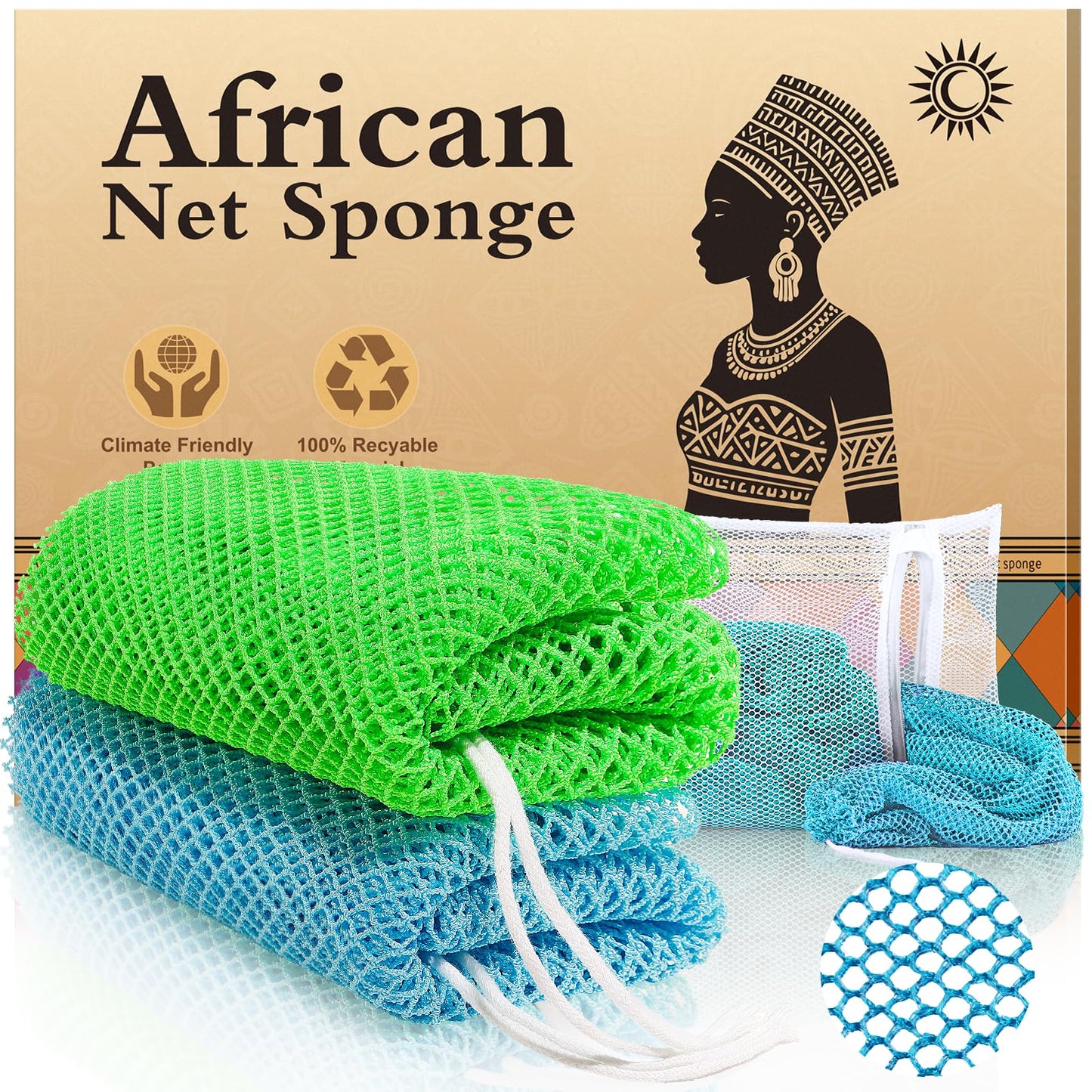 SpiralScgv Real African Net Sponge - 2 Pieces Authentic Exfoliating Body Scrubbers - Ultra-Gentle for Sensitive/Dry/Oily Skin - Shower & Bath Essential (Blue & Green)