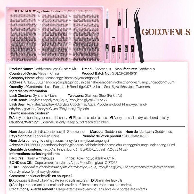 Goddvenus Lash Clusters Kit - 300pcs Wispy C Curl Eyelash Extensions | Natural DIY 9-14mm Clusters with Tweezers