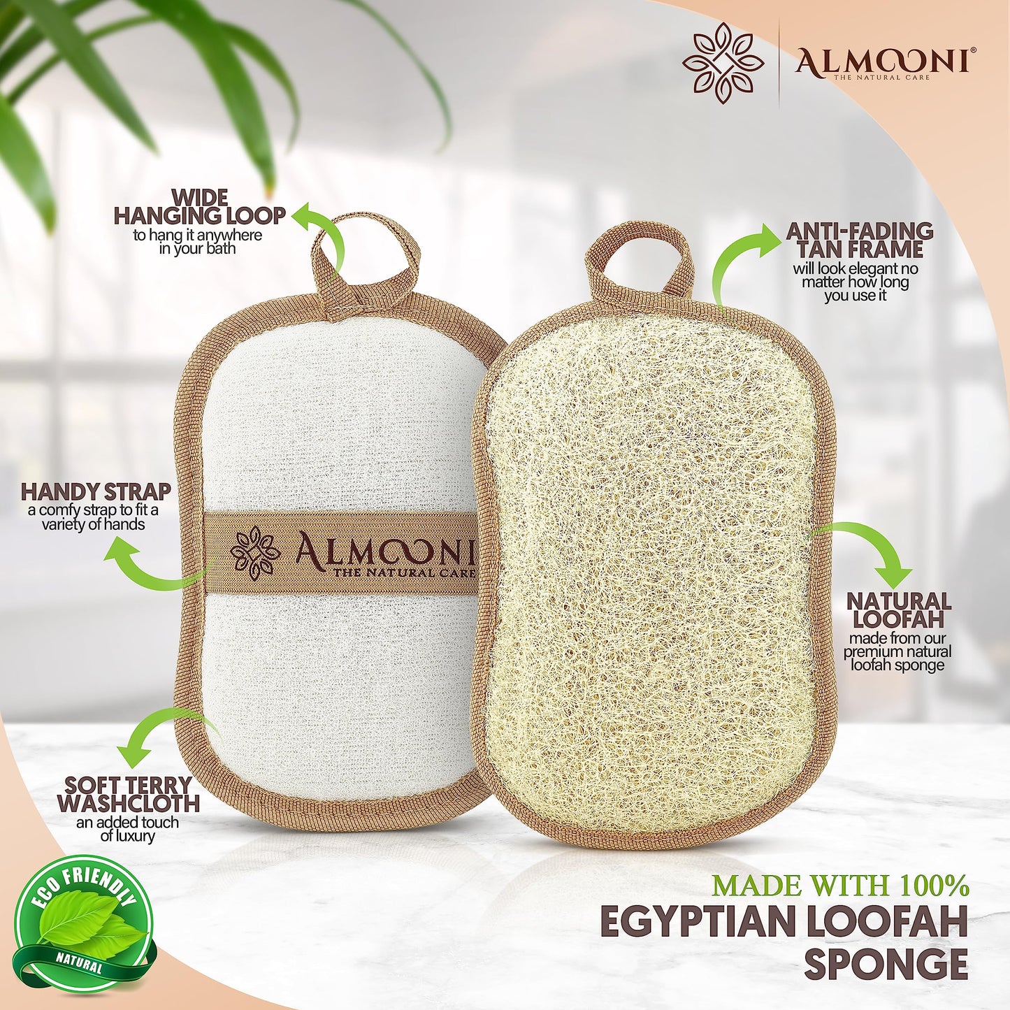 Almooni Premium Exfoliating Loofah Pad Body Scrubber, Made with Natural Egyptian Shower loofa Sponge- Bow Tie Shaped Loofah - 2 Count(1 Pack)