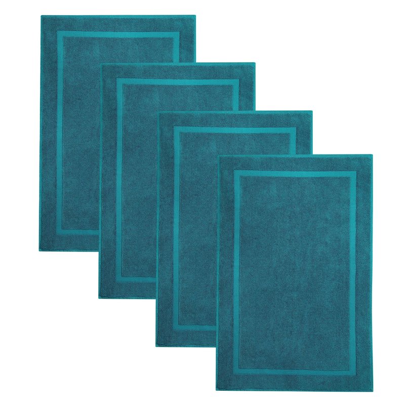 COTTON CRAFT Bath Tub Mats - 4 Pack 100% Cotton Ultra Absorbent Low Lint Plush Heavyweight 1000 GSM Luxury - Hotel Spa Shower Bathroom Towel Rug Step Out Floor Mat - Not a Bathroom Rug - 21x34 - Teal