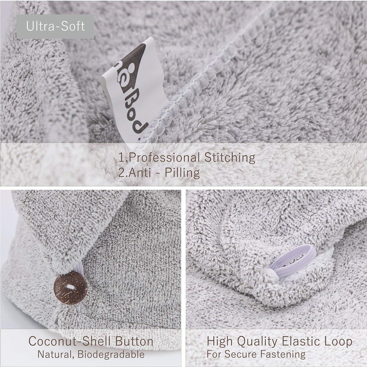 myHomeBody Hair Towel Wrap, Luxury Quick Drying Turban, Ultra Soft Absorbent Charcoal Fiber Cap, with Coconut Shell Button – Gray