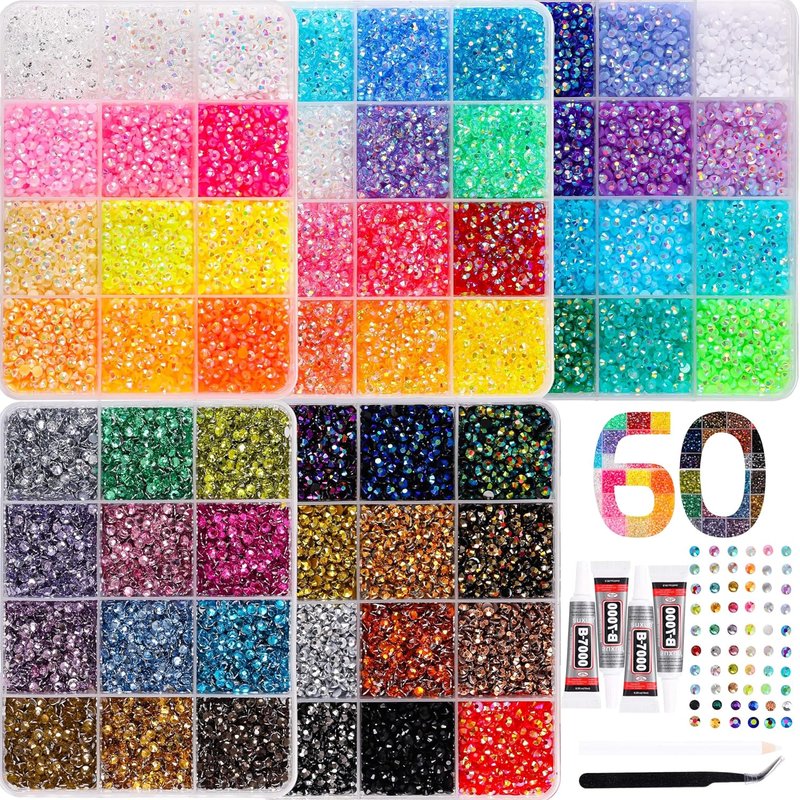Skiennix Bedazzling Kit - 37500 Pcs 3mm Rhinestones in 60 Colors with Glue & Tools for Nail Art & Crafts