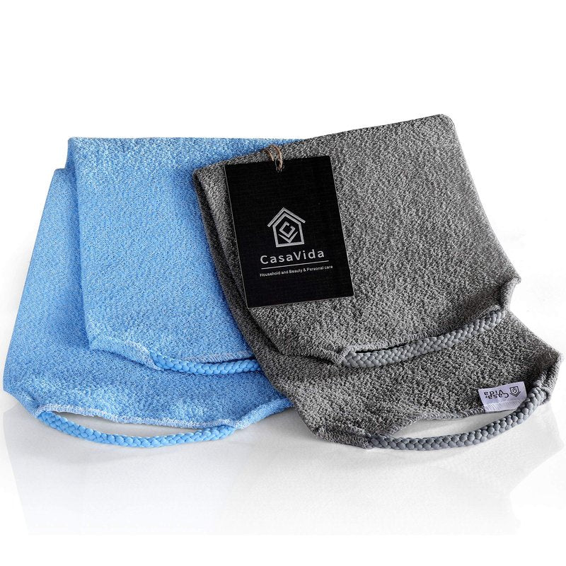 CASAVIDA Back Scrubber for Shower Nylon Bath Towel Washer Exfoliating Washcloth Rear Japanese Stretchable Strap Wash Cloth Body Exfoliation 2 Pack (Gray + Blue)