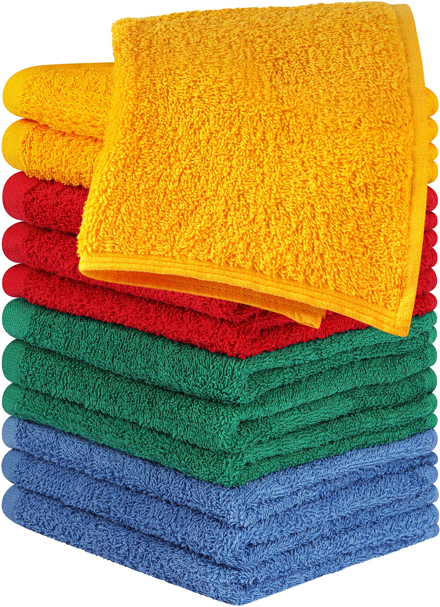 Utopia Towels 12 Pack Cotton Washcloths Set, 100% Ring Spun Cotton, Premium Flannel Face Cloths, Highly Absorbent and Soft Feel Fingertip Towels, Electric Blue, Hunter Green, Red, Mustard