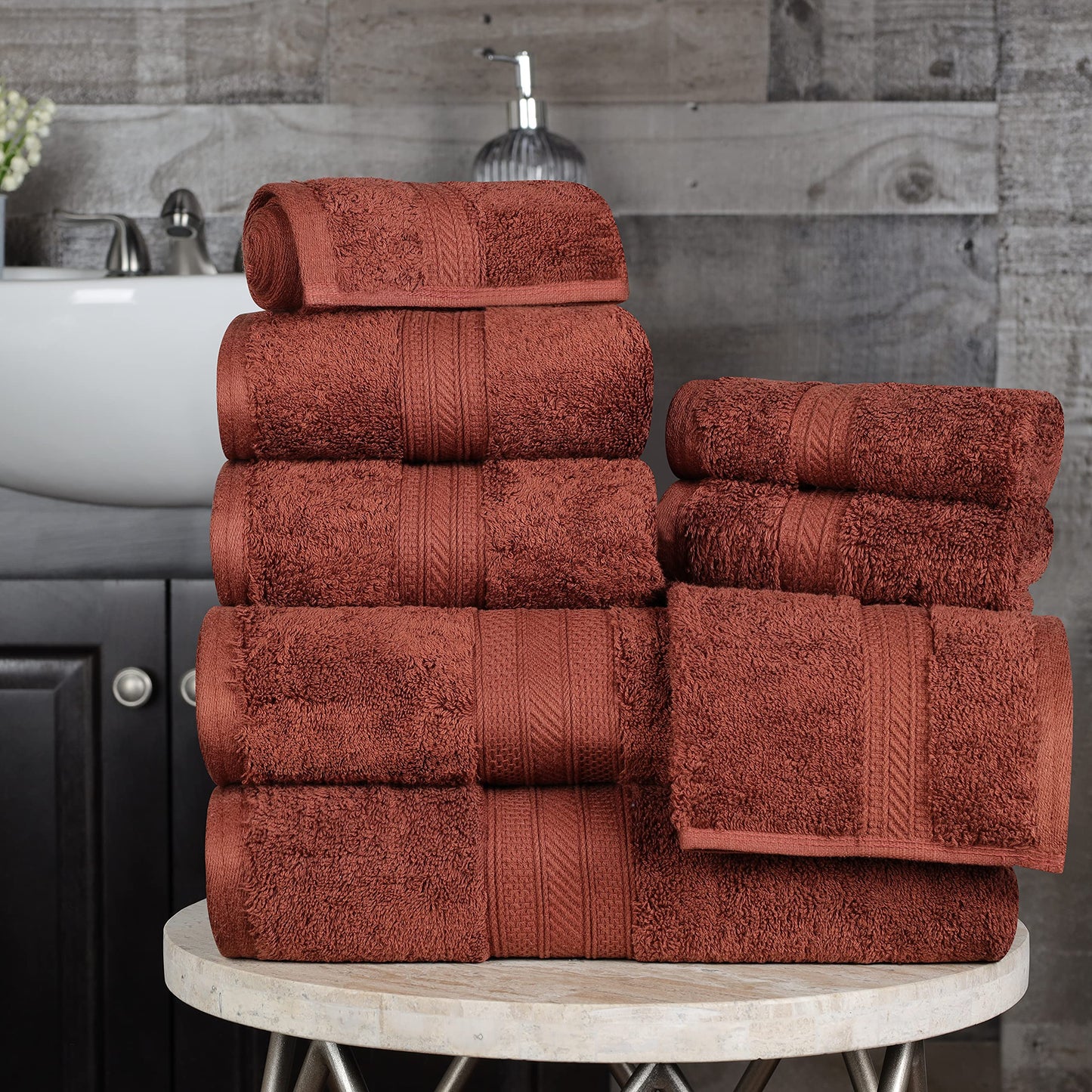 Superior Long Staple 100% Combed Cotton 700GSM 8-Piece Solid Towel Set for Bathroom, Shower-Super Soft, Plush, Assorted 8-Piece Towels, 4 Face/Washcloths, 2 Hand Towels, 2 Bath Towels, Hot Chocolate