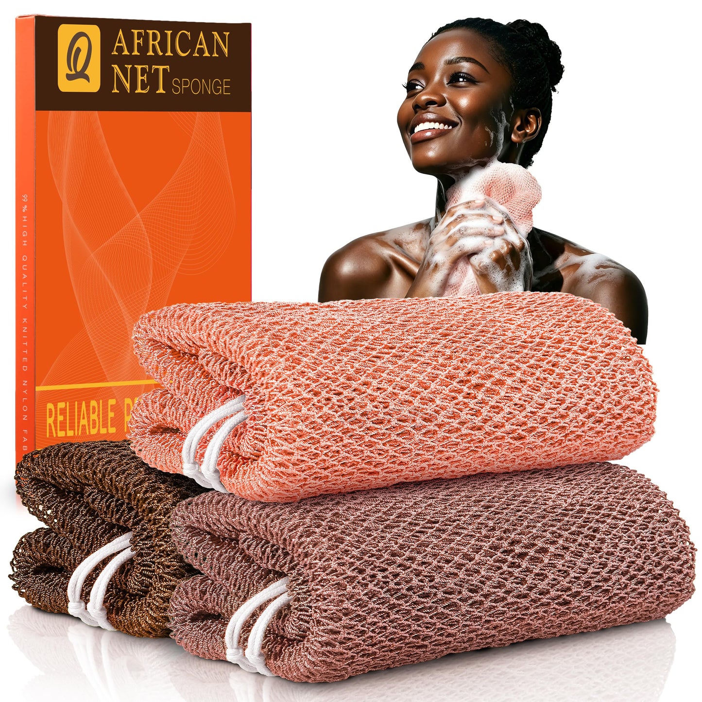 UJFQBH African Net Sponge Authentic, Exfoliating Body Scrubber for Back and Hard to Reach Areas, Gentle Daily Exfoliation for Deep Cleansing, Quick Drying Shower Essential, Rosewood 3 Pack