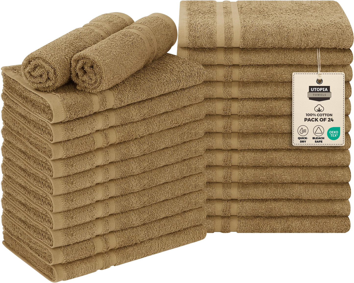 Utopia Towels Cotton Bleach Proof Salon Towel 16 by 27 inches, Bleach Safe 100% Cotton Hand Towel for Gym, 24 Pack, Camel