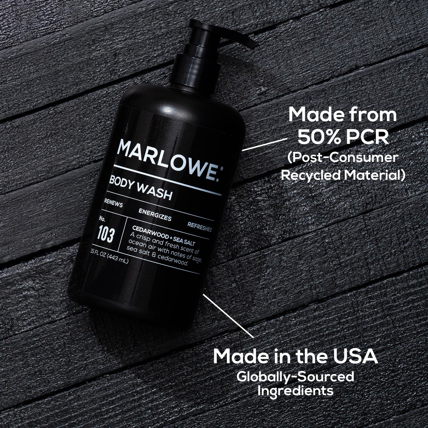 MARLOWE. Men's Body Wash, 15 oz Pump, Energizing & Refreshing Shower Gel, Moisturizes & Nourishes, Clean Vegan Formula with Willow Bark & Green Tea Extracts, Fresh & Zesty Cedarwood + Sea Salt Scent