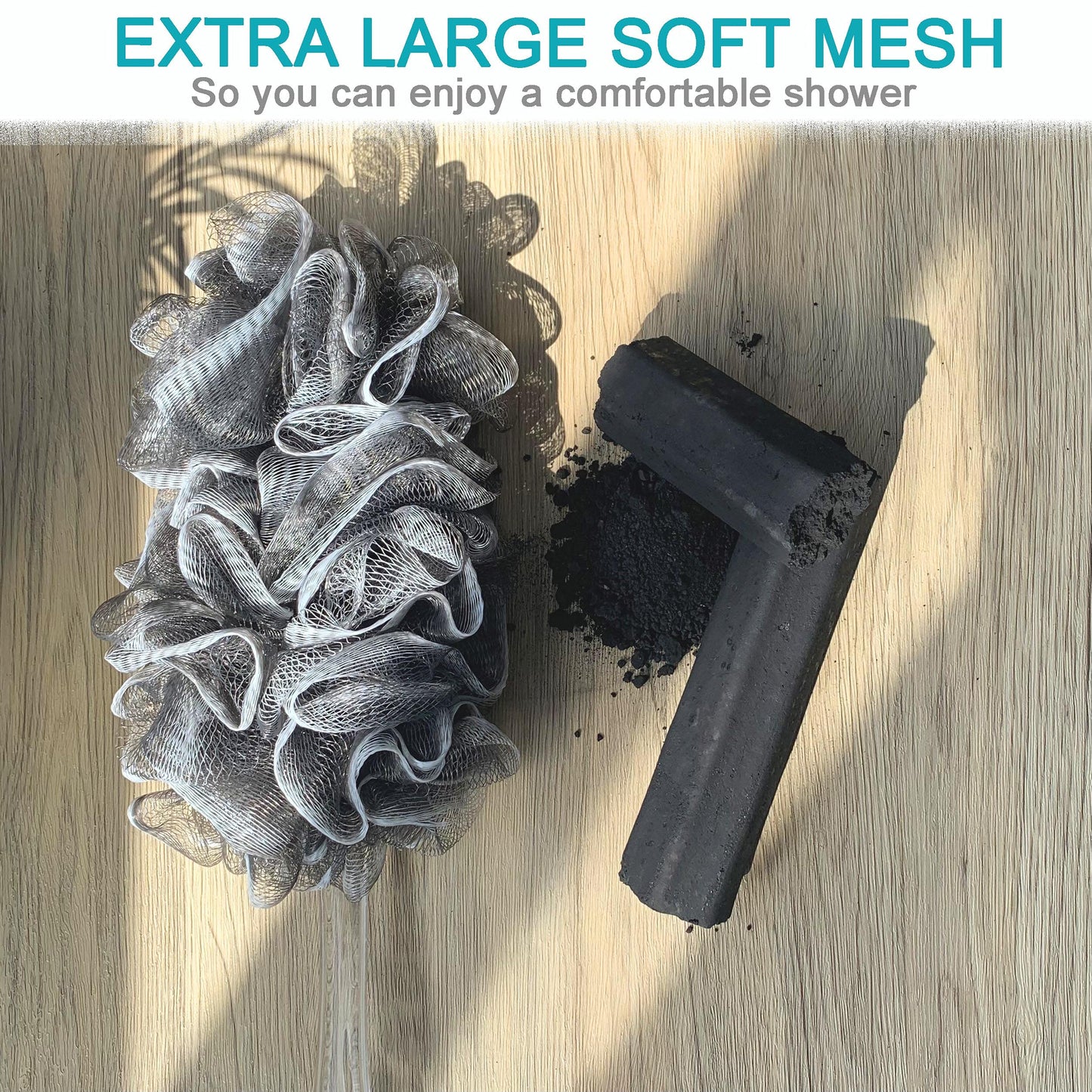 Charcoal Fiber Exfoliating Loofah luffa loofa Bath Back Brush On a Stick - Long Handle with Radian is Ergonomic for Men and Women - Shower Sponge Body Back Scrubber