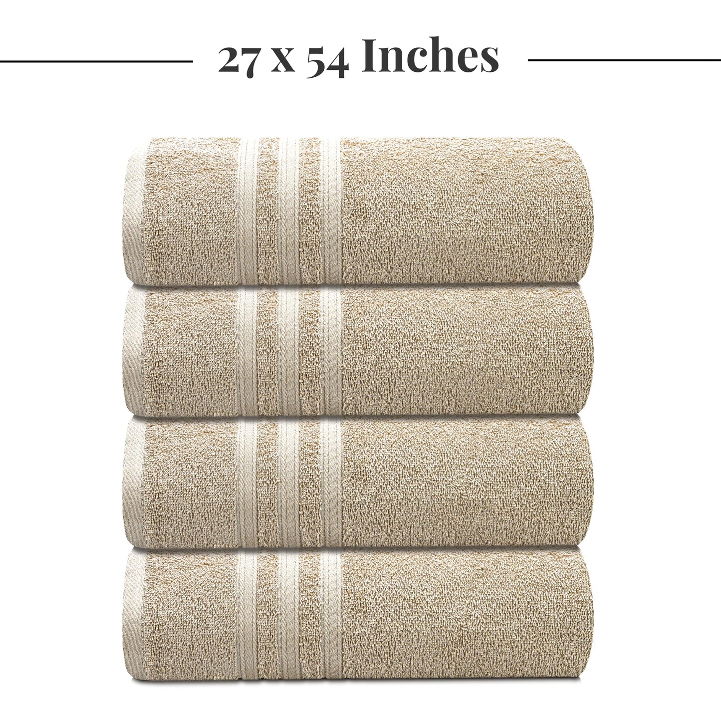 Tens Towels Pack of 4 Soft Bath Towels, 100% Cotton, 27 x 54 Inches, Lightweight & Quick-Dry, Ideal for Daily Bathroom Use, Practical & Comfortable, Beige