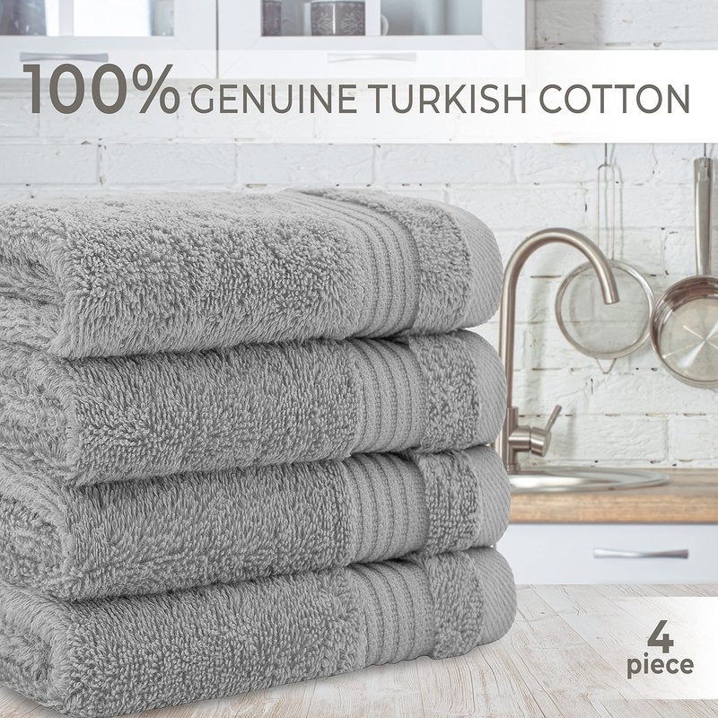 Cotton Paradise 100% Cotton Turkish Towel Set, Soft Absorbent Quick Dry, 4 Piece Washcloth Set, Light Grey