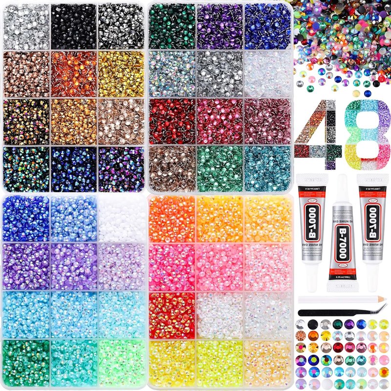 Rhinestones 30000 Pcs - 48 Color Flatback Gems for Nail Art & Crafting | 3mm with B7000 Glue & Tweezers