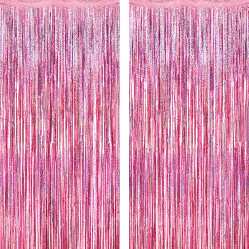 Skiennix Glitter Pink Backdrop - 2 Pack Laser Pink Fringe Curtains | 3.28 FT x 7.05 FT Birthday Party Decor