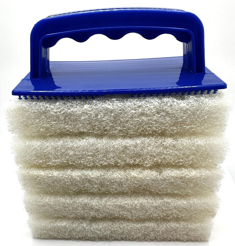 Handled Bath Scrubber 6 Piece Heavy Duty Cleaning Scrub Sponge Brush Bathroom Scouring Pads White Non-Scratch Remove Soap Scum Cleaning Shower Tile Bathtub Sink Pools Hot Tubs Waterline Steps Corners