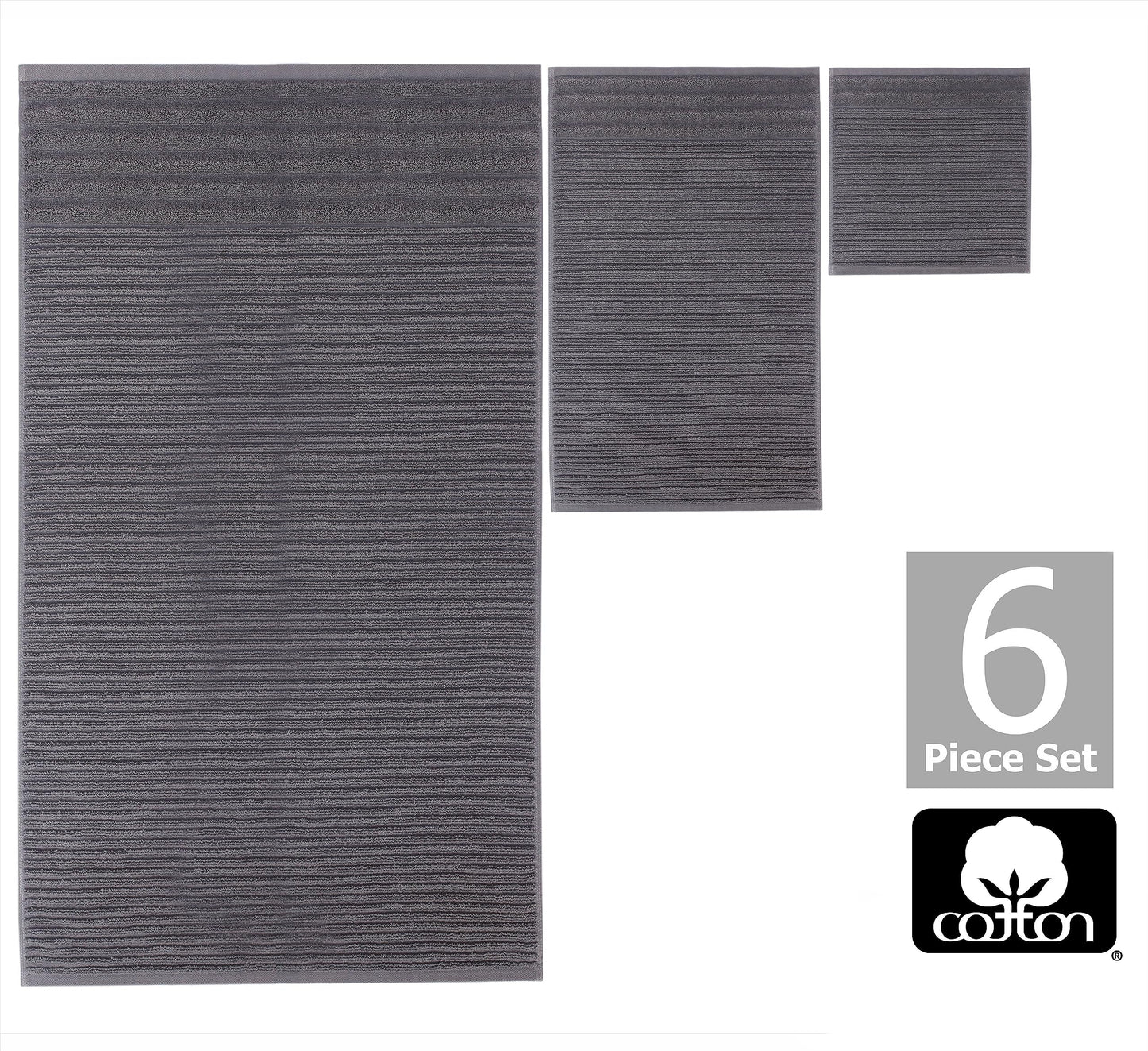 COTTON CRAFT 6 Piece Towel Set - 100% Cotton Plush 600 GSM Sculpted Super Zero Twist Pleated Ribbed Bathroom Towel Set - Soft Absorbent Luxury - 2 Bath Towel, 2 Hand Towel, 2 Washcloth - Charcoal Grey