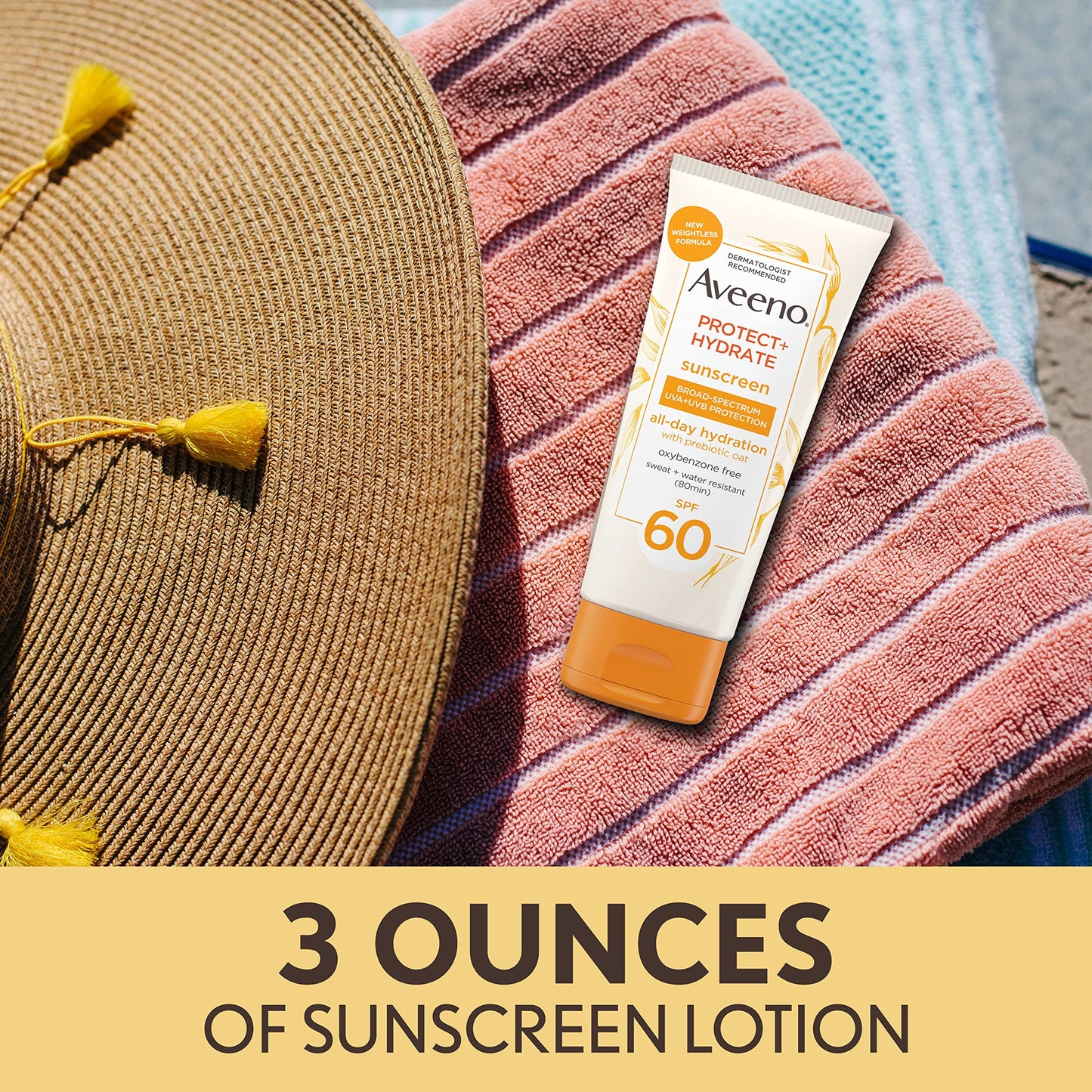 Aveeno Protect + Hydrate Moisturizing Body Sunscreen Lotion with Broad Spectrum SPF 60 & Prebiotic Oat, Weightless & Refreshing Feel, Paraben-Free, Oil-Free, Oxybenzone-Free, 3.0 fl. oz