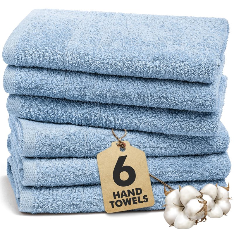 Novo Home 100% Cotton Hand Towels for Bathroom – Soft & Absorbent Towel Set– Pack of 6 Small Towel (34x20in) – Quick Dry Luxury Cotton Hand Towels – Sky Blue
