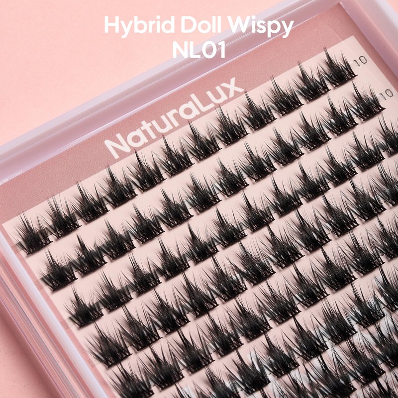 NATURALUX Hybrid Doll Wispy Mixed Lash NL01; 10mm, 12mm, 14mm, 16mm; 144 Total Count; False Eyelash Clusters, Individual Lashes, Lash Extensions, Lash Clusters, C Curl