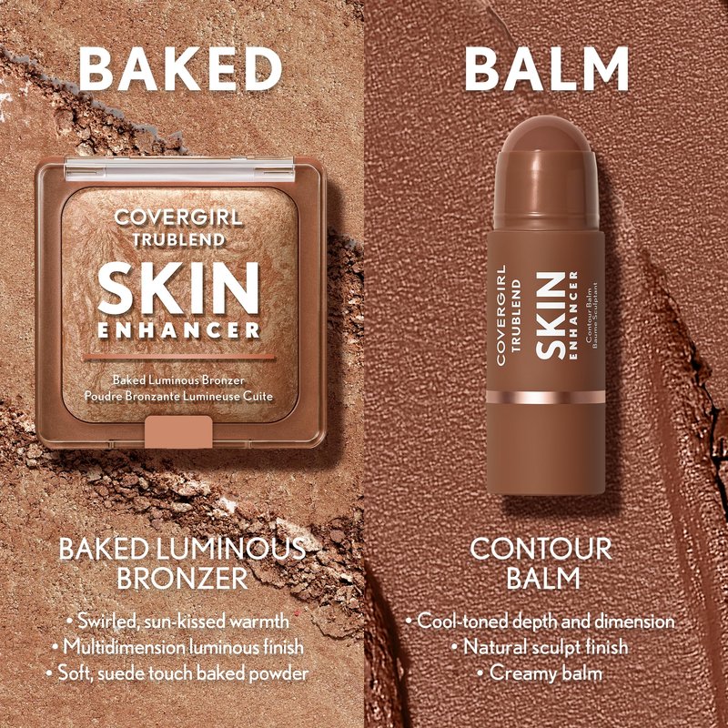 COVERGIRL TruBlend Skin Enhancer Baked Luminous Bronzer, with Hyaluronic Acid & White Rose Extract, Blends Seamlessly - 300 Honey Bun (Light Bronze with Champagne Swirls)
