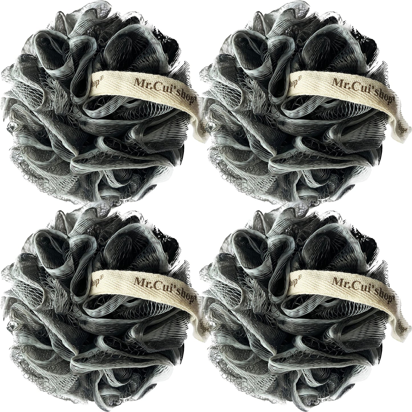4 Pack（ XL 75G ） Charcoal Exfoliating Home Spa Loofah Shower Sponge Pouf Mesh Brush - Bath Spa Puff Scrubber Ball - Face Body Poof - Rich Foams Bubble