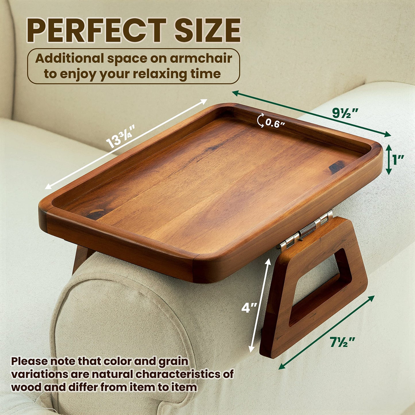Tinamo Acacia Sofa Arm Tray, Rectangle Couch Armrest Table - Couch Accessories, Armchair Caddy, Clip on Tray for Home Sofa Living Room, Sofa Arm Table (White Rustic, 13.75" D x 9.5" W x 1" H)