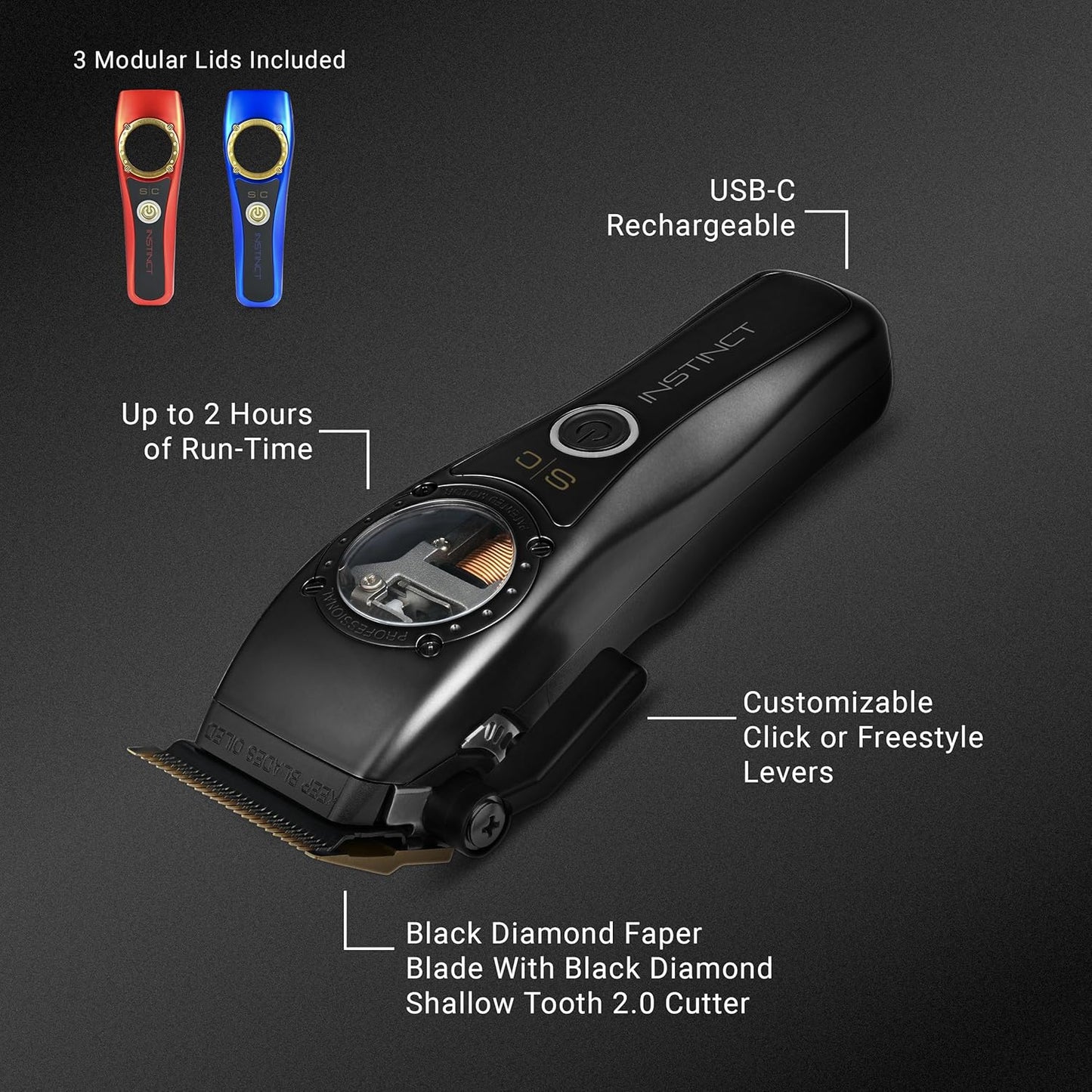 Stylecraft Professional Cordless Hair Clipper - IN2 Vector Motor with Torque Control | 3 Modular Lids